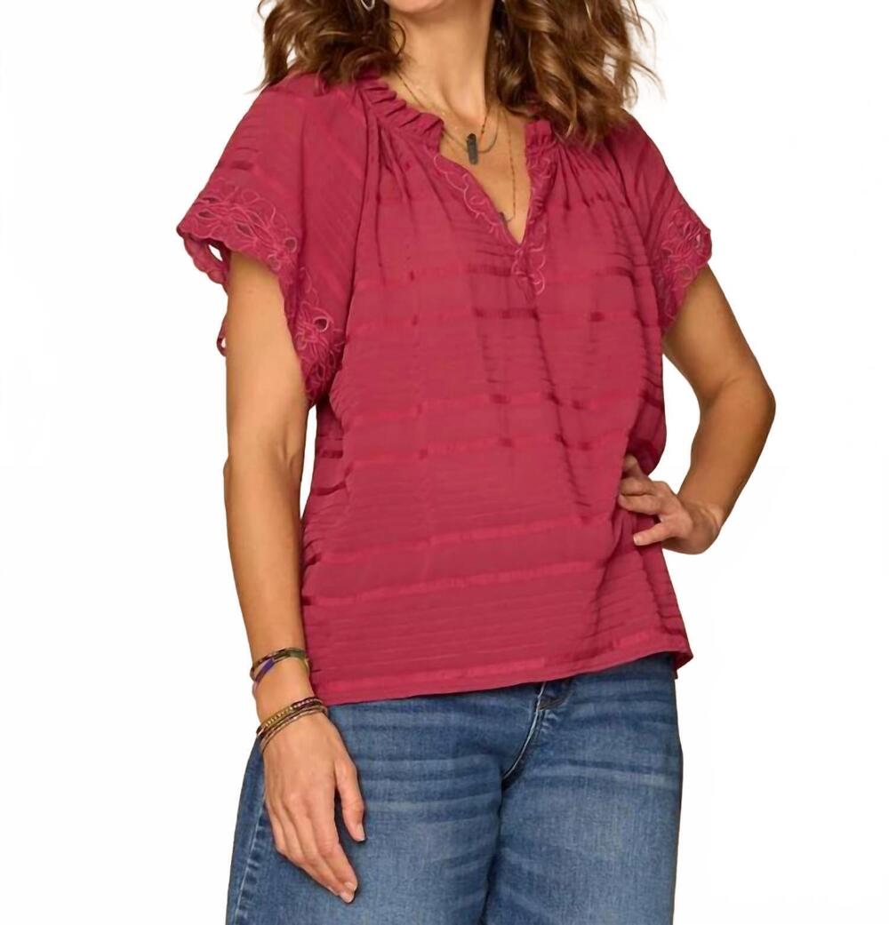 NEW DEMOCRACY short sleeve ruffle split neck embroidered woven top in beet red